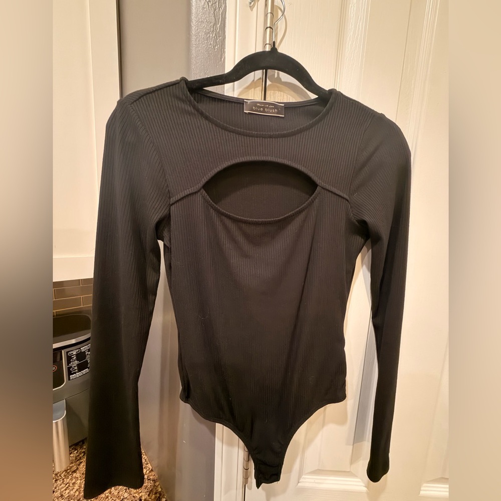 Blue Blush Black Ribbed Cutout Bodysuit
